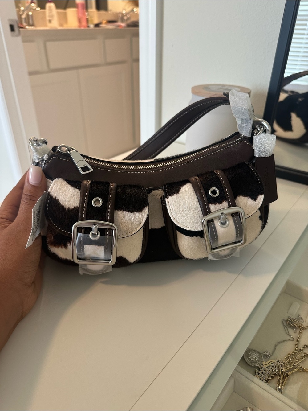 Coach Black and White Calf Hair Buckle Shoulder Bag